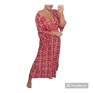 Muguoy V-Neck Floral Women's Dress, Boho Flowy Print Fitted Long Dress Size: L